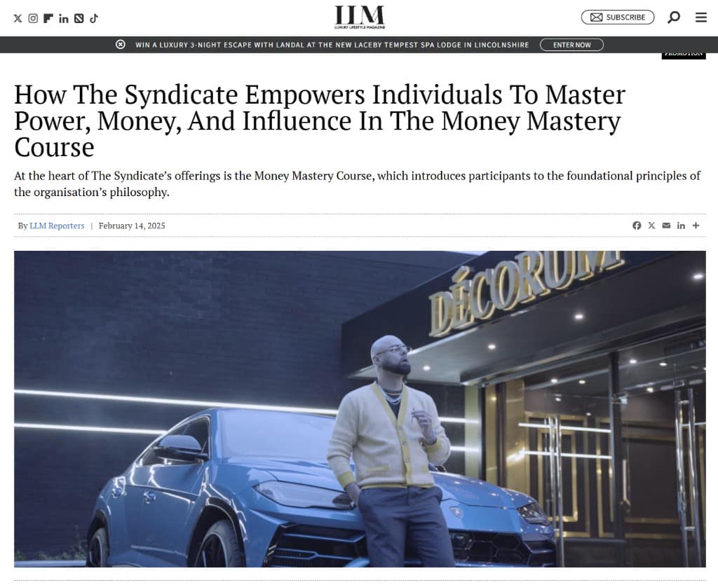 Screenshot of The Syndicate's Luxury Lifestyle Magazine feature