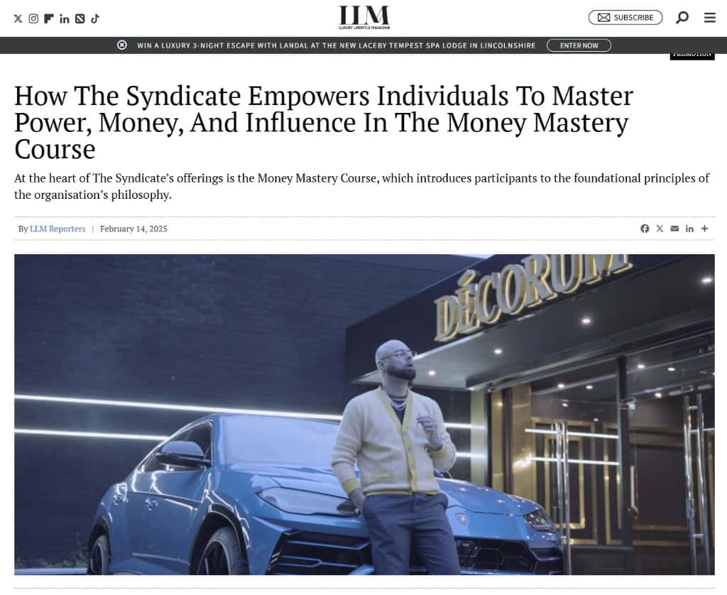 Screenshot of The Syndicate's Luxury Lifestyle Magazine feature